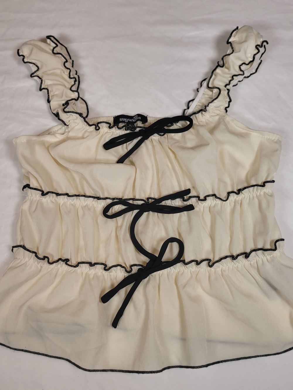 Sugarkiss Ivory Ruffle Tank Top with Black Trim and Bows Size Large